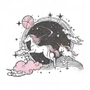 A pink-hued galaxy scene with floating unicorns and shooting stars, accented with artistic doodles tattoo design idea