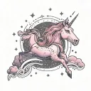 A pink-hued galaxy scene with floating unicorns and shooting stars, accented with artistic doodles tattoo design idea
