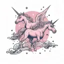 A pink-hued galaxy scene with floating unicorns and shooting stars, accented with artistic doodles tattoo design idea
