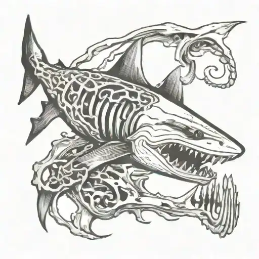 Shark jawbone hinged open with fish skeletons swimming around it tattoo design idea