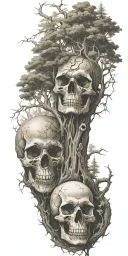 A mysterious forest scene with towering trees and hidden skulls scattered throughout tattoo design idea