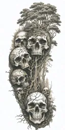 A mysterious forest scene with towering trees and hidden skulls scattered throughout tattoo design idea
