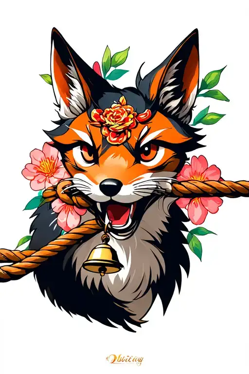 Kitsune face in profile biting a rope with a bell in his mouth and Japanese flowers in the background tattoo design idea