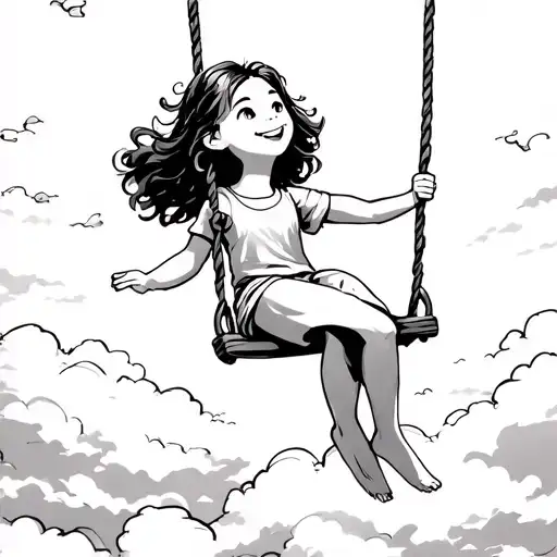 A girl on a swing above the clouds smiling with hair waving because wind. Maybe in cartoon/animated style tattoo design idea