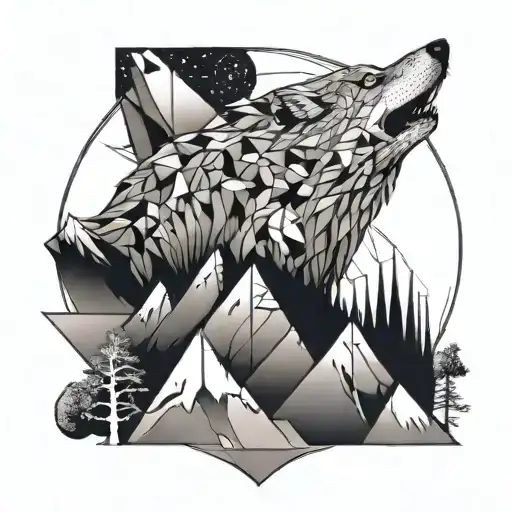 wolf on top of a mountain with another higher mountain on the background  tattoo design idea