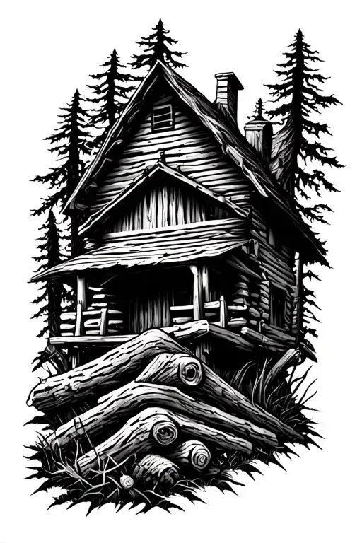 haunted forest tattoo with hidden mythical creatures and a log cabin for right arm sleeve tattoo design idea