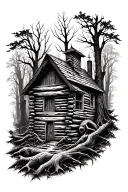 haunted forest tattoo with hidden mythical creatures and a log cabin for right arm sleeve tattoo design idea