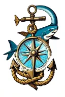 nautical compass boat anchor with rope wrapped and a shark behind  tattoo design idea