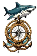 nautical compass boat anchor with rope wrapped and a shark behind  tattoo design idea