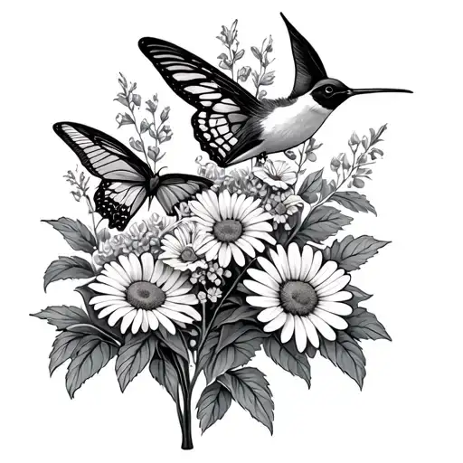 Butterfly Bush with a hummingbird and daisies, black and Gray leg.OkayButterfly Bush with a hummingbird and daisies, bla tattoo design idea