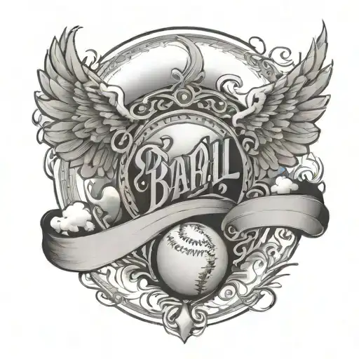 baseball with dad in old English with wings and a halo, clouds and a ribbon behind it. tattoo design idea