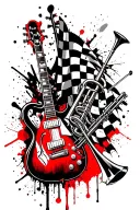 checkered flag design featuring a trumpet, trombone, and guitar, intermixed with punk elements tattoo design idea