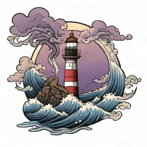 lighthouse with waves and purple sky tattoo design idea