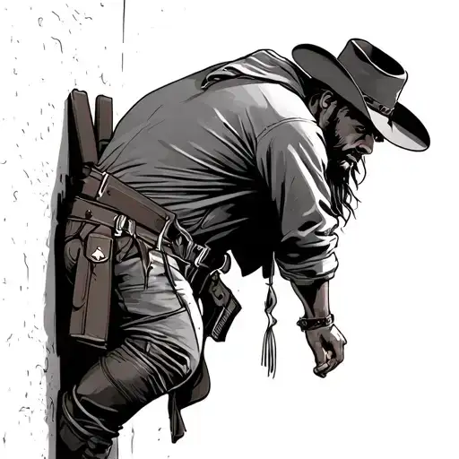 Cowboy leaning against a wall. can't see his face. gun holstered at his side. wearing a pancho.  tattoo design idea