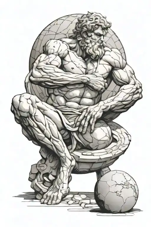 Greek god atlas kneeling holding a large marble sphere; the sphere is cracked tattoo design idea