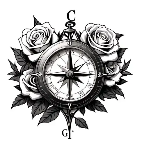 compass with a clock with roses with the letters CS and GS tattoo design idea