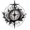 compass with a clock with roses with the letters CS and GS tattoo design idea