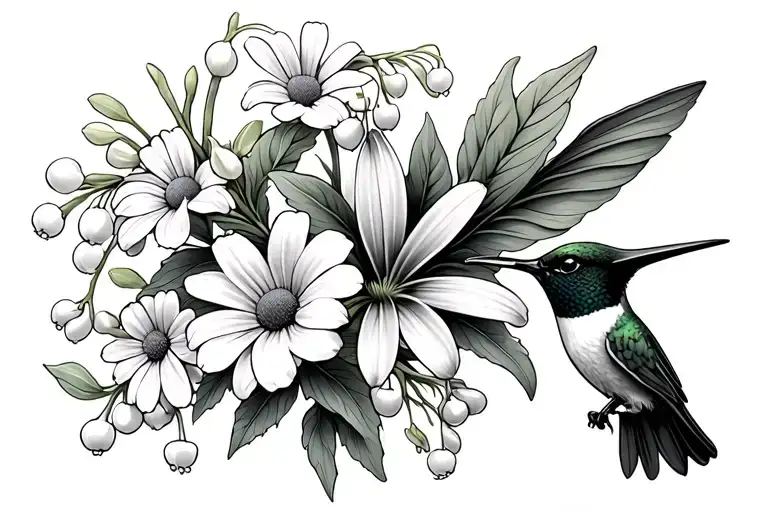 larkspur, lily of the valley, and daisys with a hummingbird  tattoo design idea