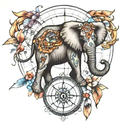 Elephant + Compass + Dream catcher tattoo design idea