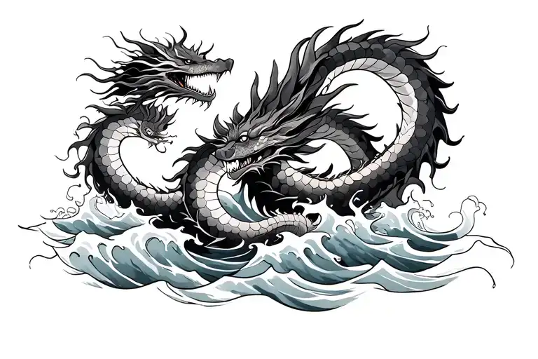 Japanese dragon fullbody and sun and water waves flowing tattoo design idea