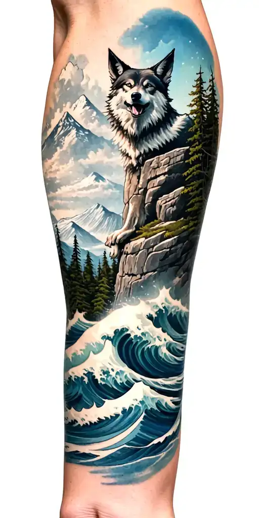 outer forearm: ocean waves at bottom. above, a wolf on a cliff in forest howling at sky. bicep: mountains and eagle tattoo design idea