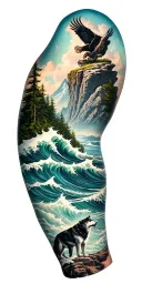outer forearm: ocean waves at bottom. above, a wolf on a cliff in forest howling at sky. bicep: mountains and eagle tattoo design idea