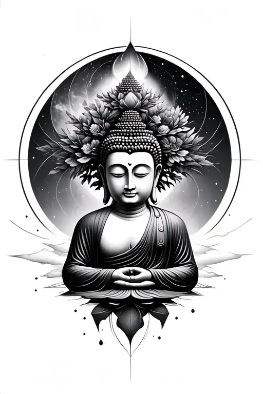 Buddha, geometric, bodhi tree, fading into universe tattoo design idea