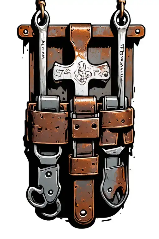 tool belt hanging on rusty nail cross tattoo design idea