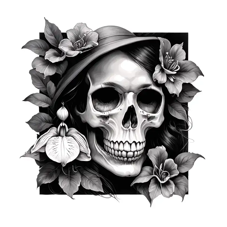 skull and lady slipper tattoo design idea