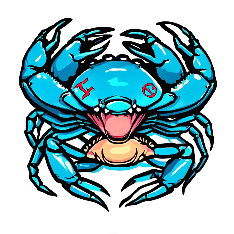 blue crab with cancer symbol on claw and back tattoo design idea