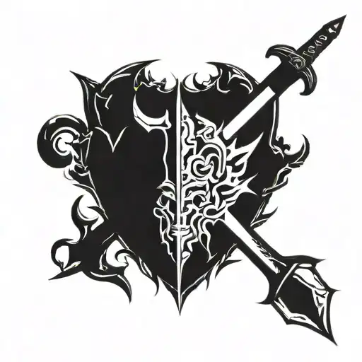 swords behind devil with trading candles tattoo design idea
