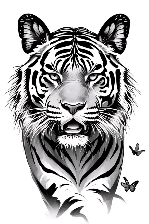 tiger with butterfly flying tattoo design idea