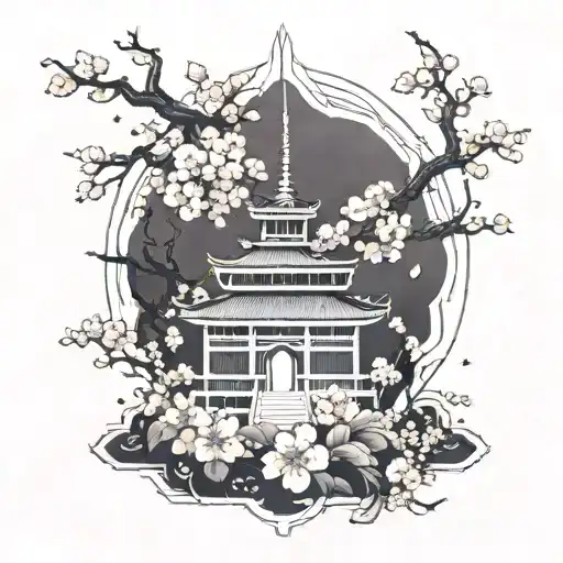 Combine a traditional Japanese temple silhouette with cherry blossom branches and the red string of fate weaving through the design tattoo design idea