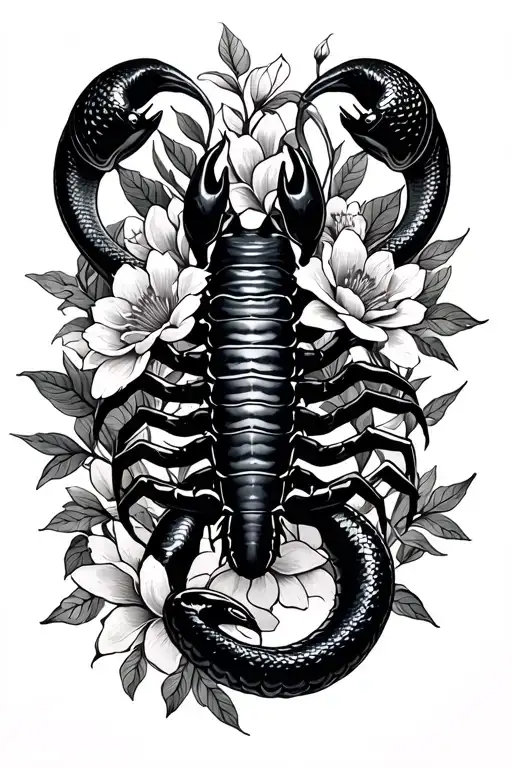 scorpio with snakes wrapping around and flowers tattoo design idea