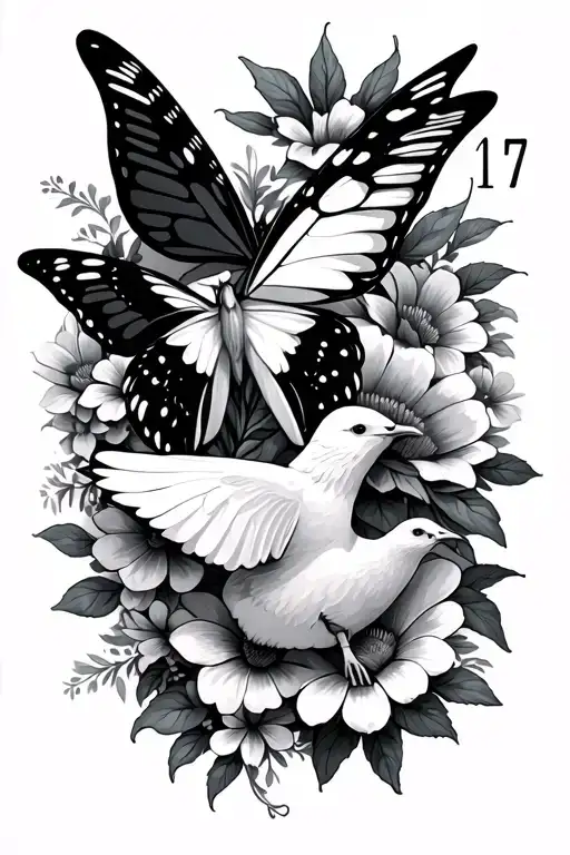 forever 17 rest in peace flowers butterfly dove  tattoo design idea