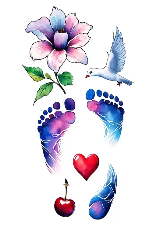 A colour tattoo design showing three unique children’s footprints. add a cherry flower, divine spear, and heart of dove tattoo design idea