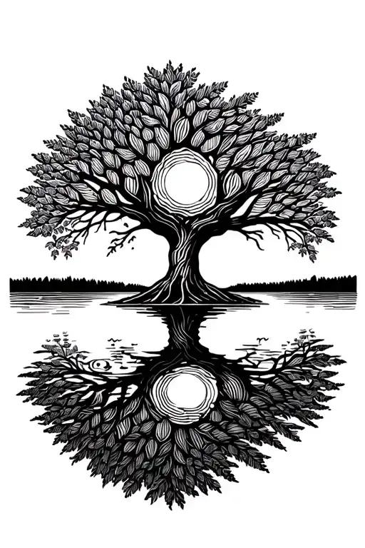 willow tree with sun and lake reflecting tattoo design idea