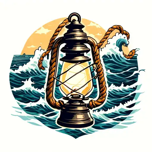 lantern with rope waves in the background with anchor attatched tattoo design idea
