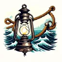 lantern with rope waves in the background with anchor attatched tattoo design idea