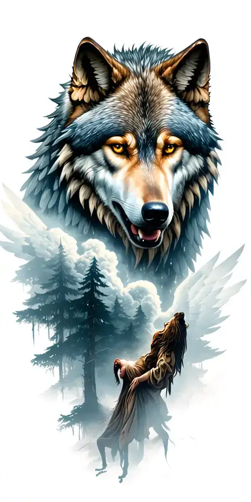 Wolf leaving forest with a storm in which the fallen angel is crying on the storm. tattoo design idea