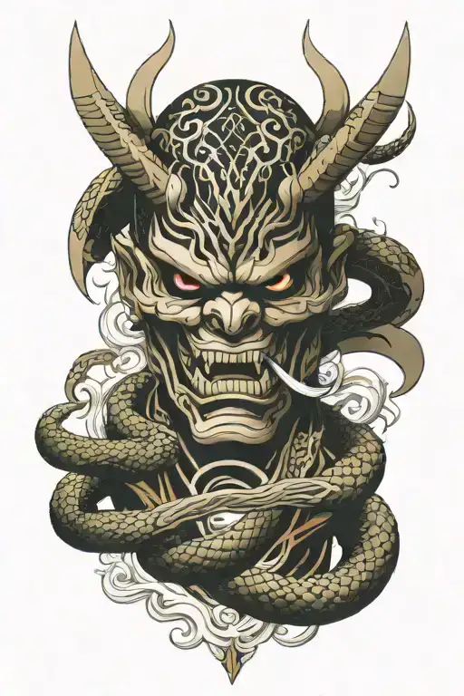 sword oni mask with snake tattoo design idea