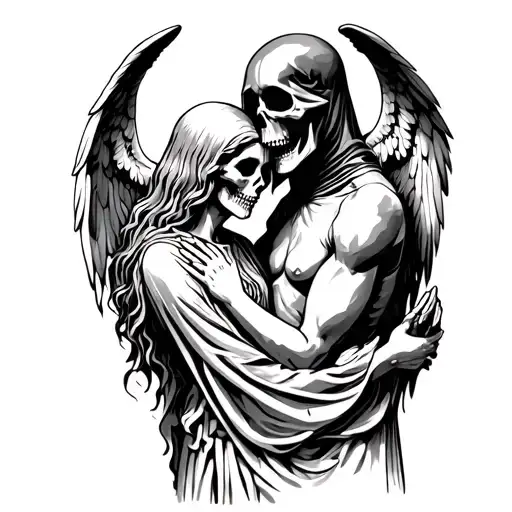 grim reaper and angel embrace each other tattoo design idea