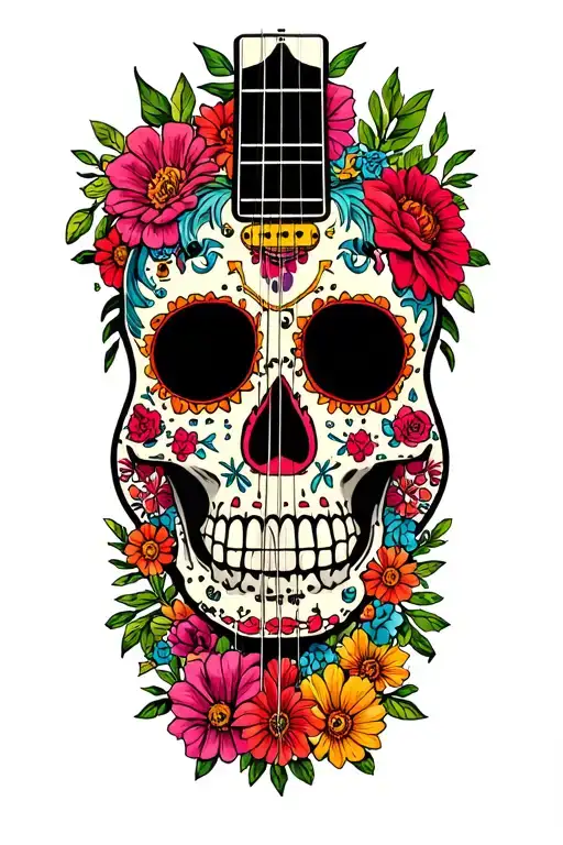merge a fender telecaster guitar with a calavera and make it surrounded with flowers of the day of the dead tattoo design idea