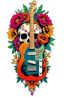 merge a fender telecaster guitar with a calavera and make it surrounded with flowers of the day of the dead tattoo design idea