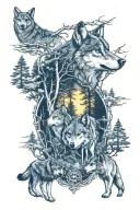 wolf in howling forest scene tattoo design idea