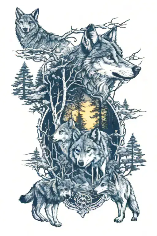 wolf in howling forest scene tattoo design idea