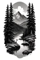 mountain scene with trees, river, lake tattoo design idea