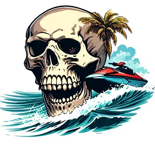 a scary skull with a jet ski coming thru the mouth tattoo design idea