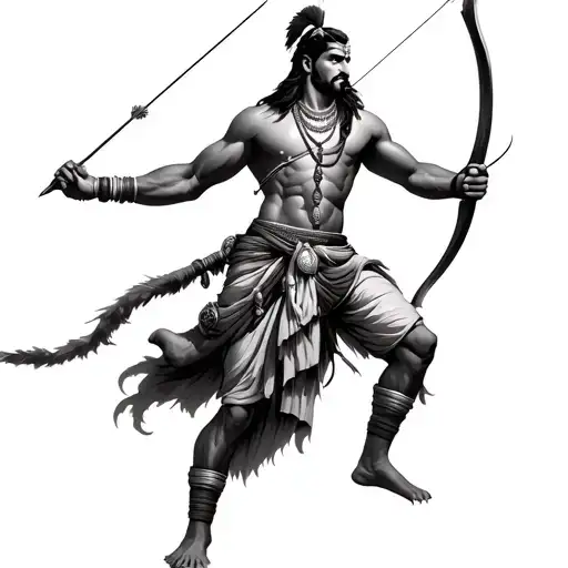 A majestic Indian Brahmin warrior in traditional dhoti and sacred thread (janeu), holding a bow and arrow like Lord Pars tattoo design idea