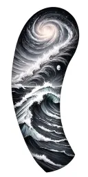 Black and grey sleeve: spiral galaxy above ocean waves, smooth transition, elegant and dark realism. tattoo design idea